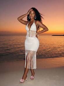 Slaydiva Off-White Two Pieces Set Women's Fringed Top & Mini Skirt,Summer Boho Beach Vacation Holiday Outfit For Music Festival Wedding Party Cruise Y2K - White - View 7