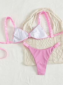 Swim Mod 女士春夏沙滩音乐节条纹印花粗肩带褶皱丁字裤比基尼套装，时尚性感优雅 - 彩色 - 查看 2