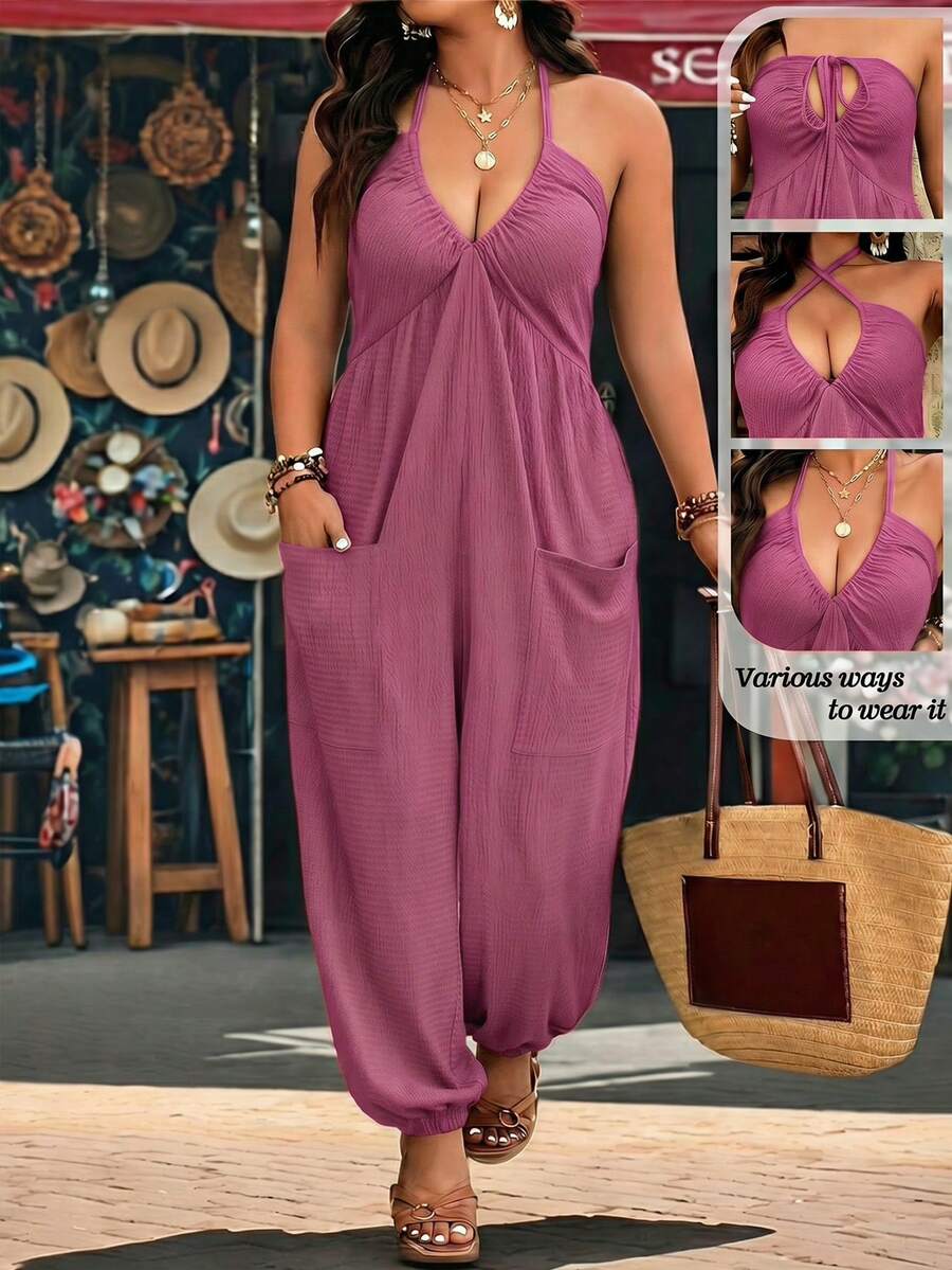 Breezaya Bộ jumpsuit cỡ lớn, chất liệu vải dệt họa tiết, cổ chữ V, có túi, dây rút, thích hợp mặc ở nhà, đi chơi và đi nghỉ mát. - Hồng - Xem 1