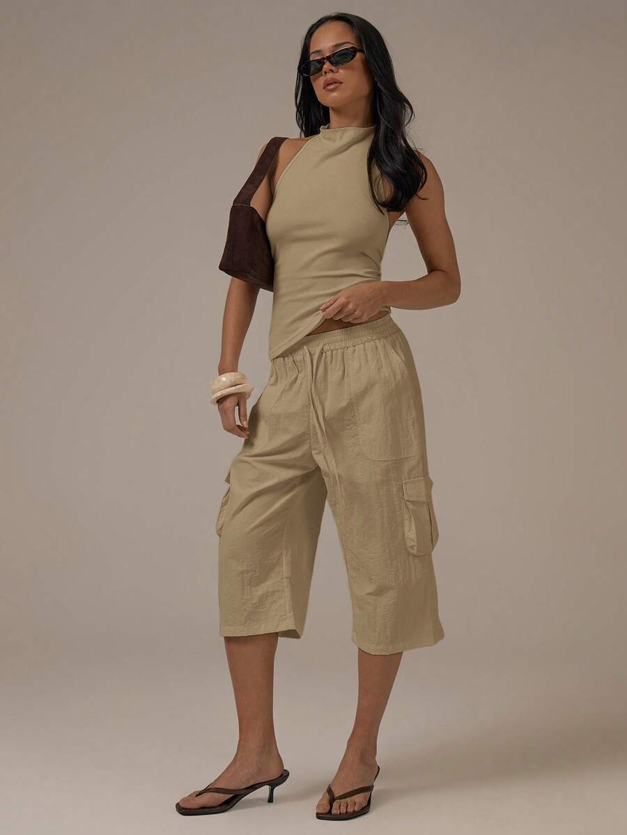 MUSERA Cargo Tie Waist Capri Pants Spring Summer Cute Cosy Cottage Core Spring Dew Casual - Apricot - View 1