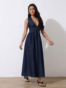 SHEIN Tall Đầm denim không tay cổ chữ V sâu gợi cảm dành cho nữ, thắt dây. - Rửa tối - Xem 9