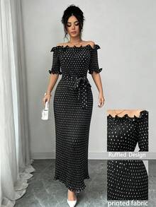 Modelyn 女士优雅波点短袖露肩荷叶边连衣裙，褶裥设计，舒适连衣裙 - 黑色 - 查看 7