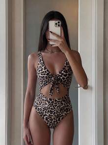 SHEIN Swim Newest Multi-Color Leopard Print Chest Tie Up Sexy Fitted One-Piece Bikini Swimsuit For Summer Beach Vacation - Multicolor - View 4
