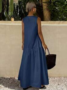 DAZY Gaun Kasual Tanpa Lengan Leher Bulat Warna Polos untuk Wanita, Cocok untuk Liburan atau Santai di Musim Panas - Navy Blue - View 2