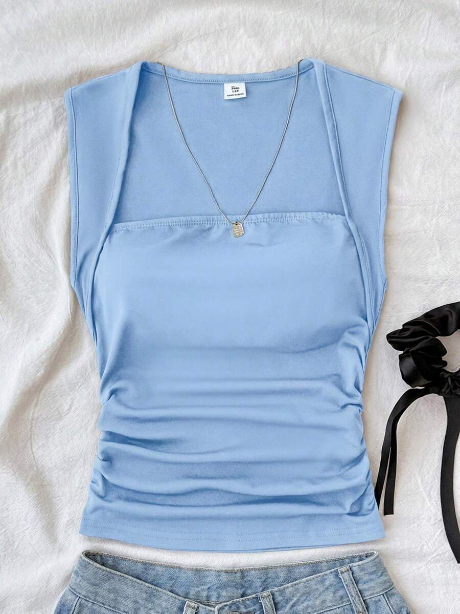SHEIN 少女夏季纯色侧边褶皱背心 - 藍色 - 查看 1
