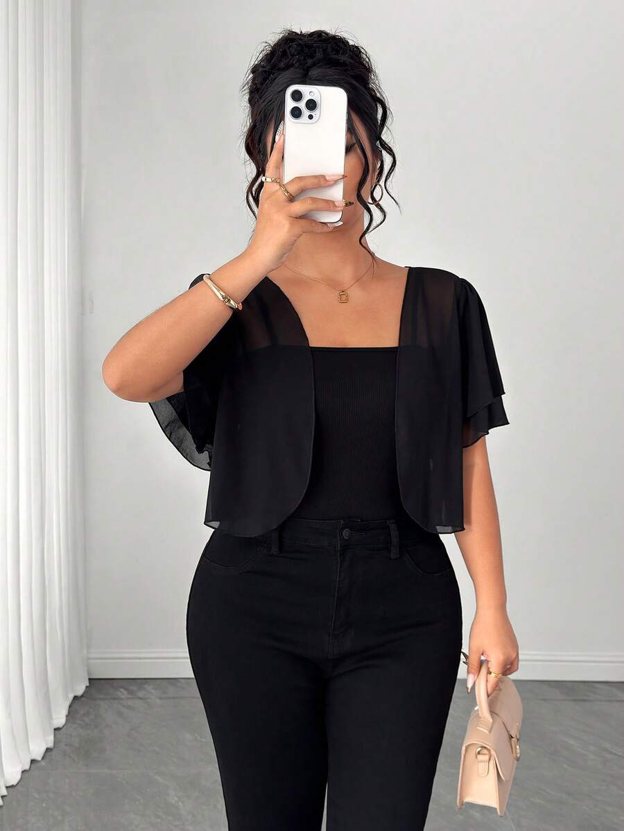 Elenzga 大码女式纯色短袖开襟外套 - 黑色 - 查看 1