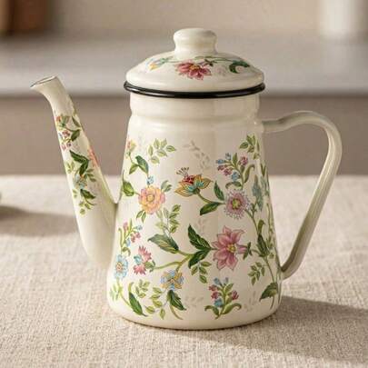 Cirelle 1 buc cafetieră emailată, ceainic cu model floral, cafetieră de mare capacitate de 1,2 l, cafetieră cu mâner, cafetieră cu gură îngustă, oală de fierbere pentru acasă, ceainic, potrivit pentru aragaz electric, prepararea cafelei sau a ceaiului pe gaz, înapoi la școală