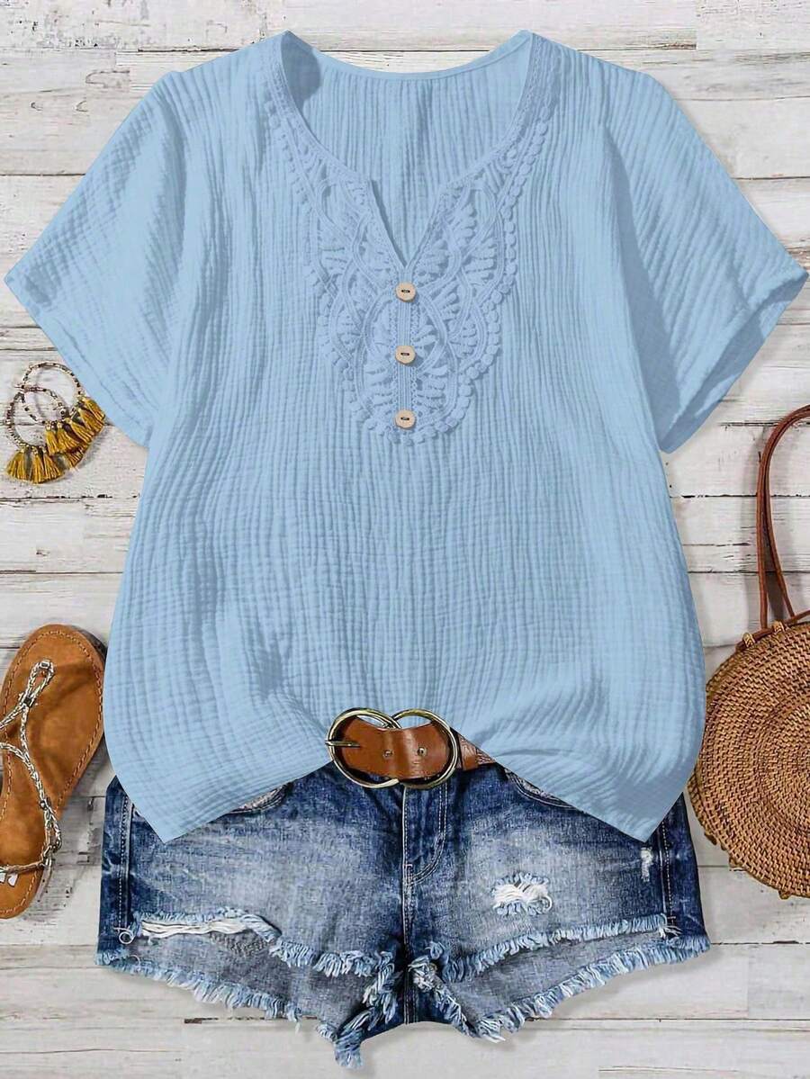 EMERY ROSE Women's Casual Floral Short Sleeve Blouse - Blue - View 1