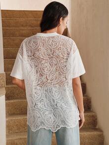Anewsta Asymmetric Design Loose Fit Short Sleeve Top With Solid Front And Lace Back Panel - White - View 3