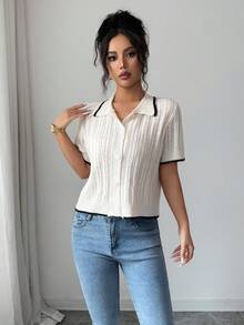 GlowEve Áo khoác cardigan nữ mùa xuân/hè cổ polo phối viền tương phản, dệt kim gân dọc đục lỗ kiểu cổ điển, phong cách retro/Hàn Quốc, thích hợp cho đi làm, mặc hàng ngày, hẹn hò, công sở nhẹ và các dịp khác, thanh lịch. - Màu Khaki - Xem 4