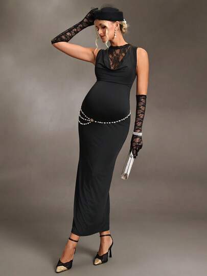 Cheriluna Maternity 优雅黑色蕾丝高领修身孕妇连衣裙，适合春夏正式场合的黑色蕾丝连衣裙