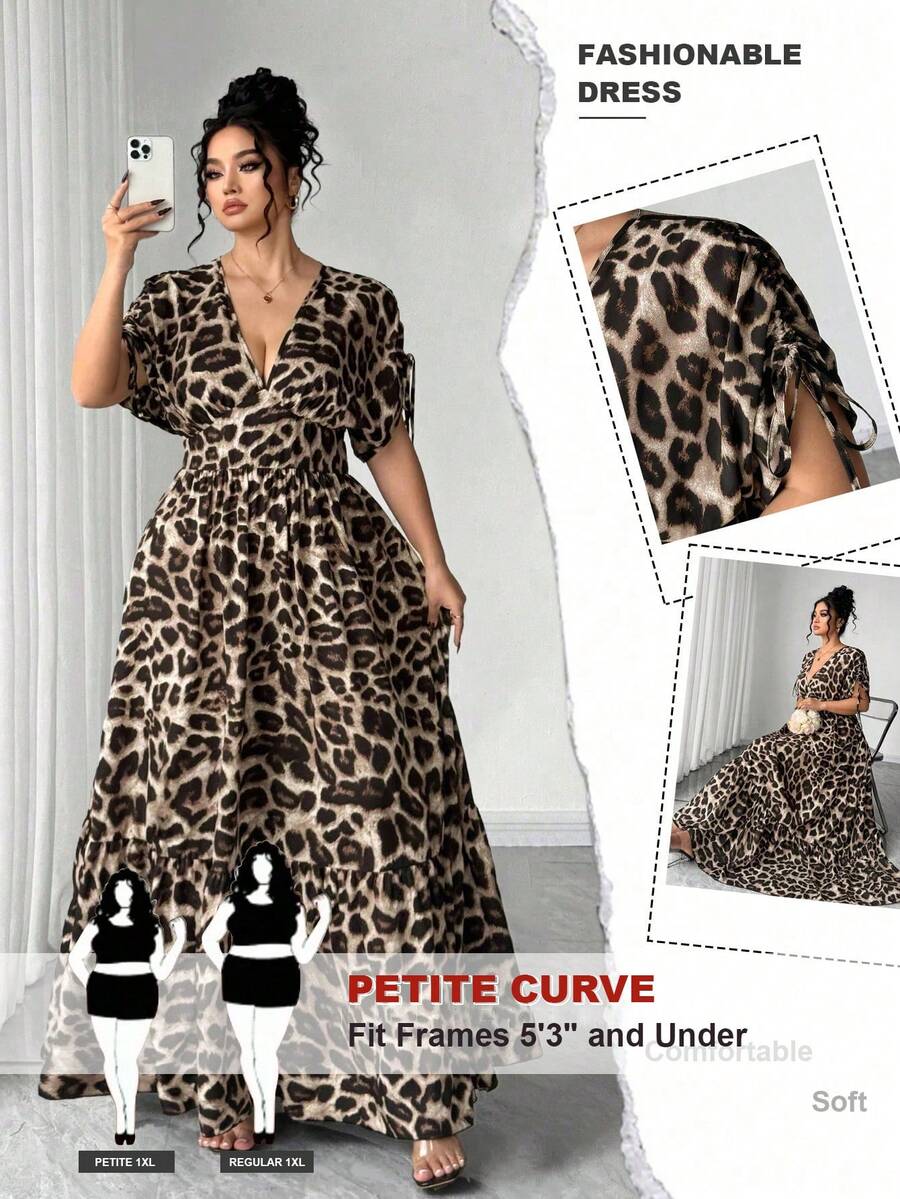 SHEIN PETITE CURVE Plus Size & Petite Women's V-Neck Gathered Waist Flared Leopard Print Elegant Dress - Brown - View 1