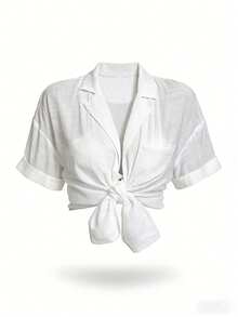 SHEIN Swim 女士简约纯色短袖和服式罩衫，夏季沙滩女式长款沙滩罩衫 - 白色 - 查看 6