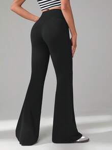 SHEIN Tall CURVE 大码女装秋冬返校休闲家居服瑜伽舒适户外纯黑色针织弹力腰高腰口袋喇叭裤，带口袋打底裤 - 黑色 - 查看 5
