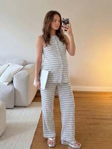 SHEIN 2pcs Maternity Casual Striped Button Front Tank Top And Pants Set, Summer - Grey - View 1