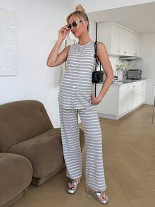 SHEIN 2pcs Maternity Casual Striped Button Front Tank Top And Pants Set, Summer - Grey - View 12