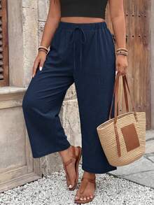 SHEIN Frenchy Pantalon capri kaki grande taille pour femmes, polyvalent pour le port quotidien et les déplacements, pantalon décontracté court - Bleu azur - Voir 6