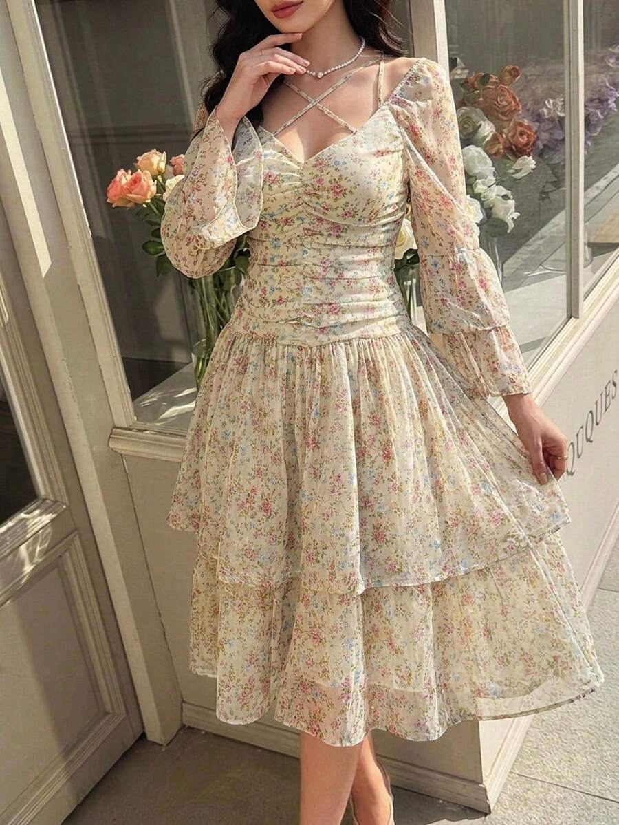 Feyla 女士印花交叉V领喇叭袖中长连衣裙 - 彩色 - 查看 1