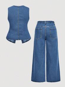 SHEIN MOD Plus Size Women's Denim Vest & Pants 2 Pieces Set - Medium Wash - View 2