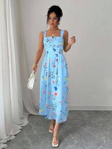 Elenzga Latest Spring/Summer Floral Elegant Waist Gathering Pleated Dress For Women - Baby Blue - View 4