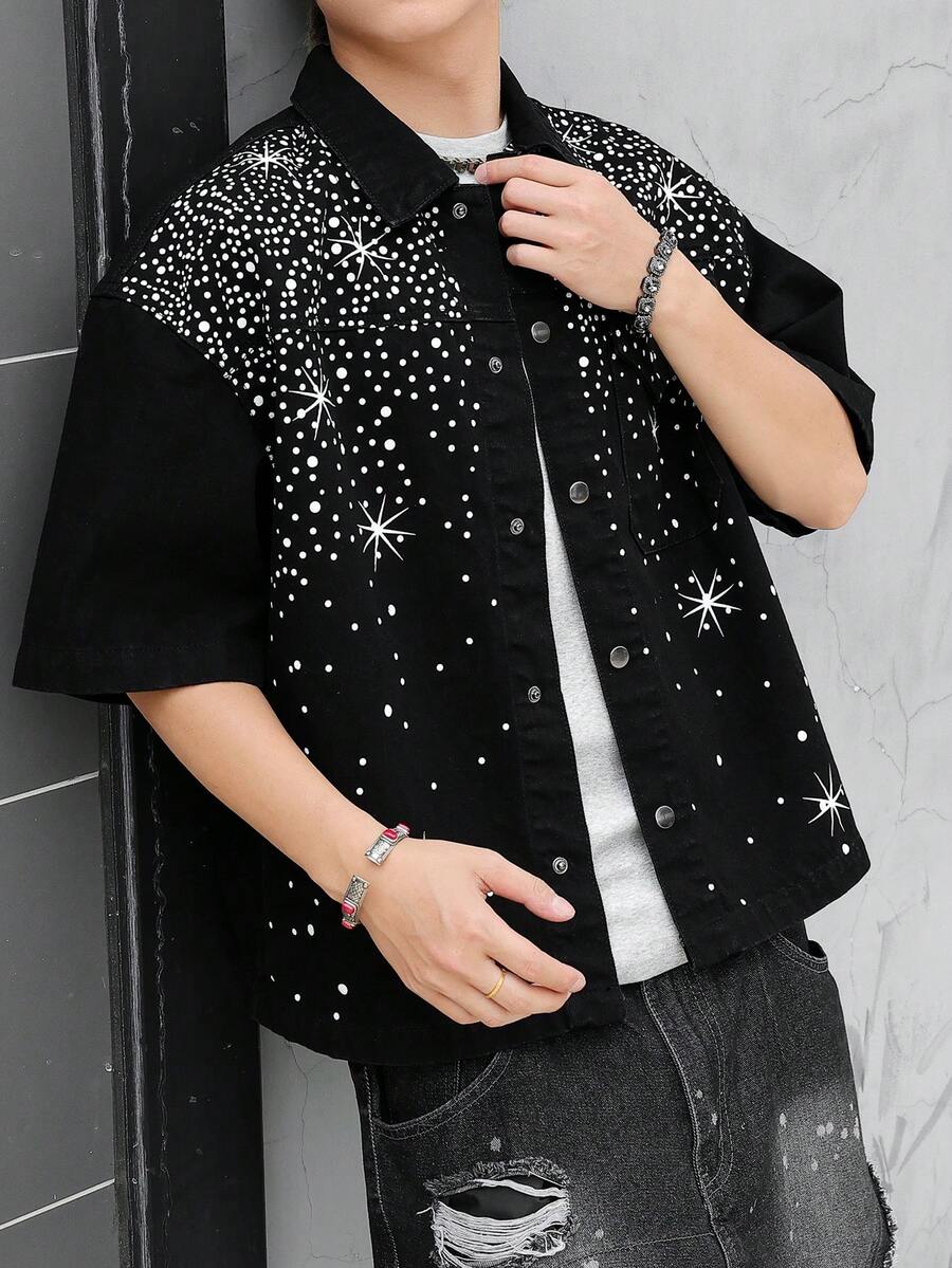 Manfinity EMRG Elegant Starry Sky Teardrop Print Cropped Denim Top - Black - View 1
