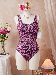 Swim SXY 大尺碼一件式泳衣，夏季海灘豹紋露背一件式泳裝 - 粉色 - 查看 8