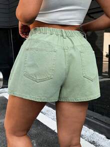 SHEIN ICON Plus Size Slim Fit Solid Color Casual Denim Shorts With Belt Loops, Summer - Mint Green - View 2