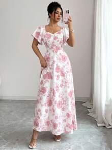 SHEIN Elenzya 女士玫瑰碎花褶皱前片荷叶袖腰部A字连衣裙，魅力优雅休闲度假通勤性感时尚约会法式街头复古百搭春夏红白多色新款短袖长裙 - 彩色 - 查看 5