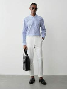 MENRIVO 1 件男士立领条纹修身棉质衬衫，长袖，秋季 - 藍白色 - 查看 5