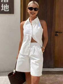 Dazy Tall Tall Women's Collared Sleeveless Denim Shirt And Loose Denim Shorts Set, Vacation Style - White - View 7