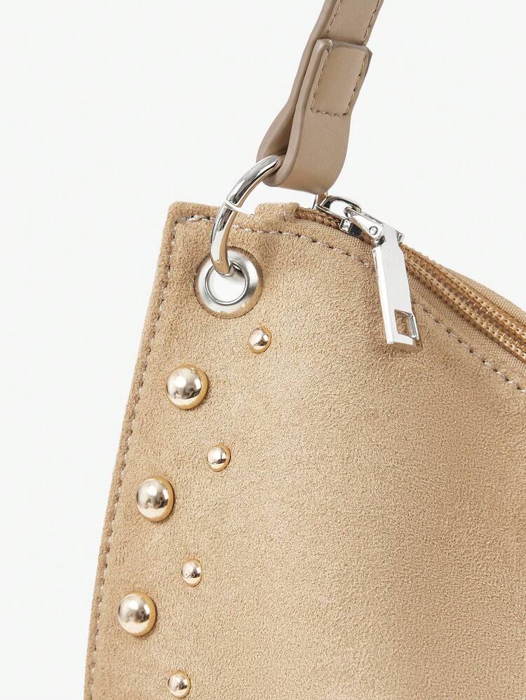 SHEIN Maija Ladies, Women Shoulder Bag, Hobo Bag, Suede, Suede Bag, Retro, Rivets, Vintage, Fashionable, Elegant , Simple, Personalized, Versatile, Classic, For Commute, Office, Date, Daily, Shopping, Afternoon Tea
