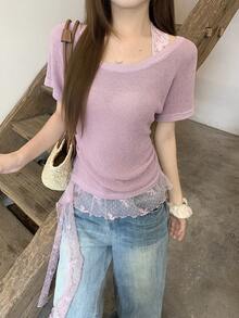 DAZY Women's Contrast Lace Ruffle Hem Tie Neck Casual Vacation Summer Lightweight Knit Top - Pink - View 1