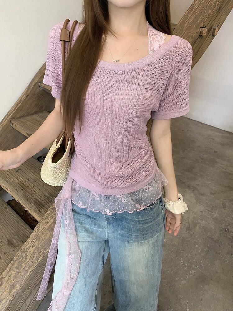 Women's Contrast Lace Ruffle Hem Tie Neck Casual Vacation Summer Lightweight Knit Top