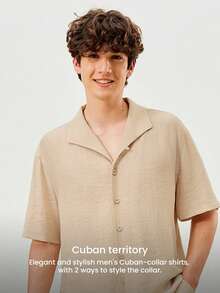 LUVLETTE Men's Linen Summer Minimalist Cozy Beige Pajama Set Short-Sleeve Button Top & Shorts Sleek Comfortable Lounge Wear - Khaki - View 5