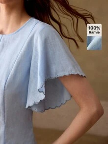 MOTF PREMIUM WOMEN'S 100% LINEN ROUND NECK SHORT SLEEVE EMBROIDERED WAVY BLOUSE, SUITABLE FOR DATES AND VACATIONS - Blue - View 1