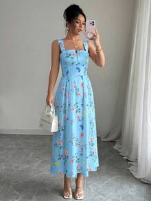 Elenzga Latest Spring/Summer Floral Elegant Waist Gathering Pleated Dress For Women - Baby Blue - View 3