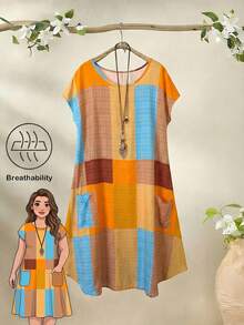 Rusticease Plus Size Women's Summer Boho Casual Orange Colorblock Round Neck Batwing Sleeve Dress,Vacation Holiday Beach Outfits,Spring Country Concert Clothing - Orange - View 1