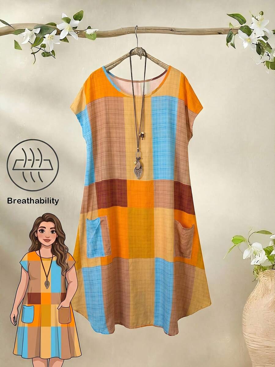 Rusticease Plus Size Women's Summer Boho Casual Orange Colorblock Round Neck Batwing Sleeve Dress,Vacation Holiday Beach Outfits,Spring Country Concert Clothing - Orange - View 1