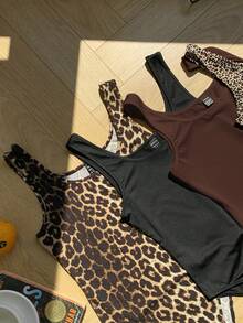 Comfortcana Plus Size Summer Retro Leopard Print Brown Tank Top 4-Piece Set, Plus Size Leopard Print Bodysuit Club - Multicolor - View 9