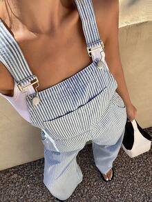DAZY Women's Striped Waist Jumpsuit, Casual Denim Bib Pants And Jumpsuit - Light Wash - View 7