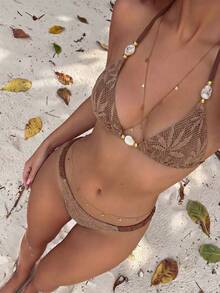 Bonvoyette Bộ bikini mùa hè mới gợi cảm, chất liệu vải jacquard màu nâu, kiểu dáng ngọt ngào, xẻ tà cho vòng một nhỏ, ôm sát và tôn dáng, bikini thời trang với họa tiết ngọc trai bất đối xứng, thích hợp cho bãi biển, tuần trăng mật và kỳ nghỉ. - màu nâu - Xem 2