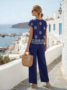 Conjunto de 2 piezas de top y pantalones con estampado vintage casual de vacaciones para mujer - Negro - Ver 2