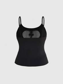 ROMWE Goth Summer Outfits Plus Size Women Sexy Mesh Cross Backless Camisole Stretchy - Black - View 3
