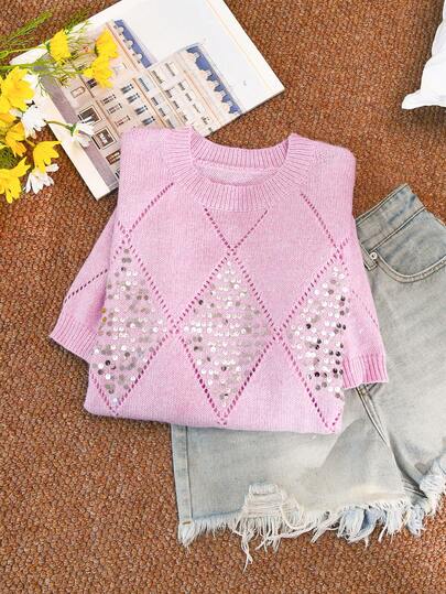 CosyJoli Áo dệt kim họa tiết Argyle đính sequin dáng rộng dành cho nữ cỡ lớn