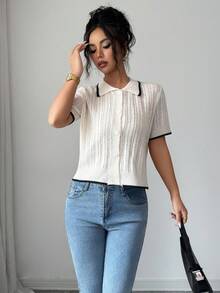GlowEve Áo khoác cardigan nữ mùa xuân/hè cổ polo phối viền tương phản, dệt kim gân dọc đục lỗ kiểu cổ điển, phong cách retro/Hàn Quốc, thích hợp cho đi làm, mặc hàng ngày, hẹn hò, công sở nhẹ và các dịp khác, thanh lịch. - Màu Khaki - Xem 6