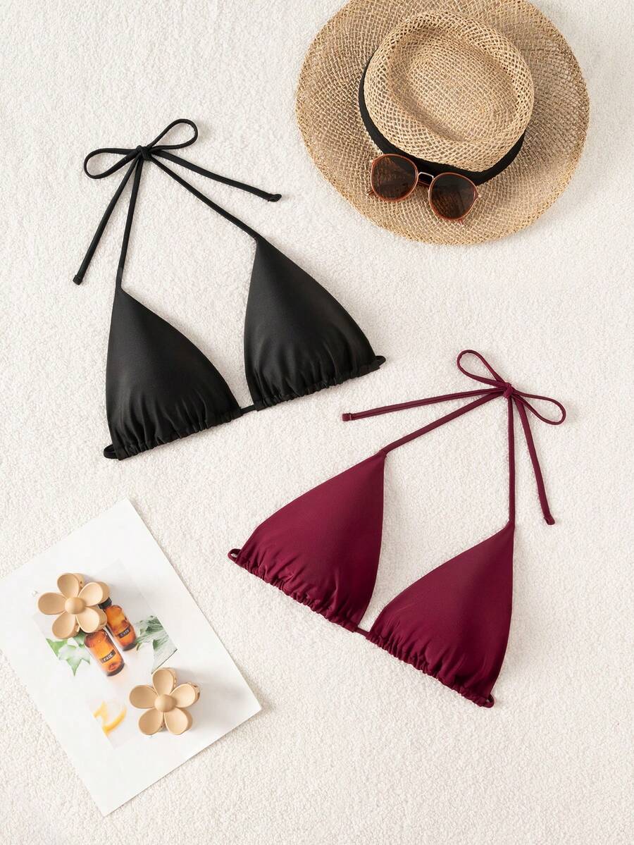 Swim Basics 两件套女士简约纯色露背系带比基尼上衣，适合海滩和度假穿着 - 彩色 - 查看 1
