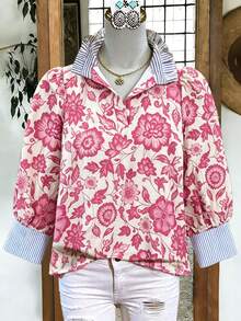 Voyazaga Camicia a maniche lunghe con volant, a righe e stampa floreale, versatile per tutti i giorni, adatta per il tempo libero e la spiaggia, taglie comode per le donne, ideale per la primavera/estate - Rosa - Visualizzare 1