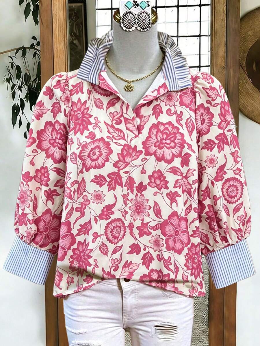 Voyazaga Camicia a maniche lunghe con volant, a righe e stampa floreale, versatile per tutti i giorni, adatta per il tempo libero e la spiaggia, taglie comode per le donne, ideale per la primavera/estate - Rosa - Visualizzare 1