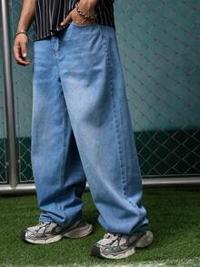 EVRINFINITE Men's Y2K Style Washed Solid Color Jeans, Casual Loose Straight Leg Pants - Medium Wash - View 5