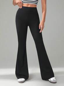 SHEIN Tall CURVE 大码女装秋冬返校休闲家居服瑜伽舒适户外纯黑色针织弹力腰高腰口袋喇叭裤，带口袋打底裤 - 黑色 - 查看 7
